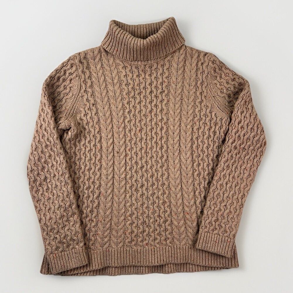 Lands End Cable Knit Turtleneck Sweater Beige Wool Blend Fisherman Womens Med